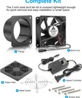 80mm 12V DC Axial Exhaust Fan With Adjustable Speed Controller kit with flange, plastic filter, metal guard, and screws