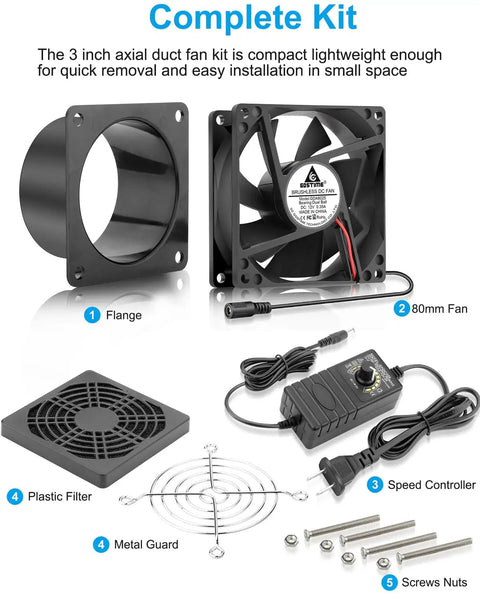 80mm 12V DC Axial Exhaust Fan With Adjustable Speed Controller kit with flange, plastic filter, metal guard, and screws