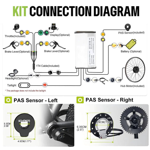 High Torque 48V 500W Front Hub Motor Ebike Conversion Kit With Battery connection diagram and PAS sensor placement