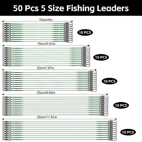 Premium Heavy Duty Steel Fishing Wire Leaders With Swivels 50 Piece Pre Rigged Anti Bite Tippet Kit for various lengths.