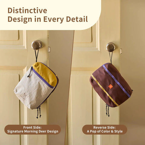 Water Resistant Travel Toiletry Bag With Hidden Carabiner Hook And Hanging Loop in two color designs on door knobs