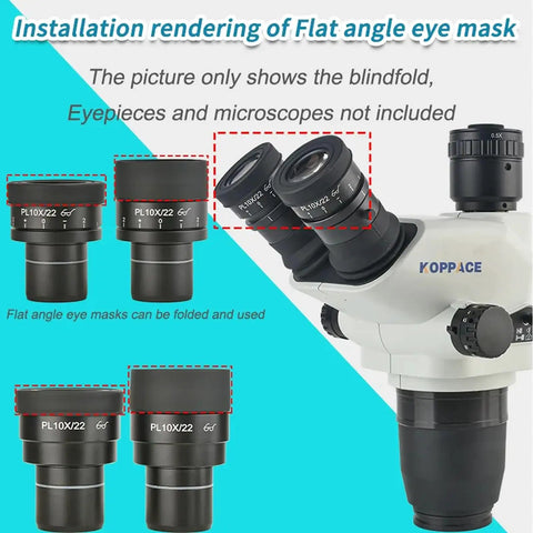 Two Piece Eyepiece Eyeshields Kit For Microscope Rubber Eye Cups Replacement 44mm Diameter Flat Angle Eyepiece Guards For 40 To 42mm Interface Stereo Microscope Accessory, shown on microscope eyepieces