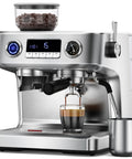 Premium Dual Boiler Espresso Machine With Integrated Grinder And 20 Bar Pressure Smooth Operator Milk Frother Plus Spacious Water Tank Brushed Stainless Steel showing espresso extraction in progress.