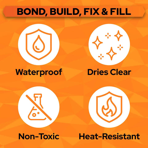UV Liquid Plastic Welder Kit features icons showing waterproof, dries clear, non-toxic, and heat-resistant properties on an orange background.