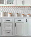 White kitchen cabinets with Black 5 Inch Square Cabinet Pulls 30 Pack Stainless Steel Kitchen Cabinet Handles Modern Hardware.