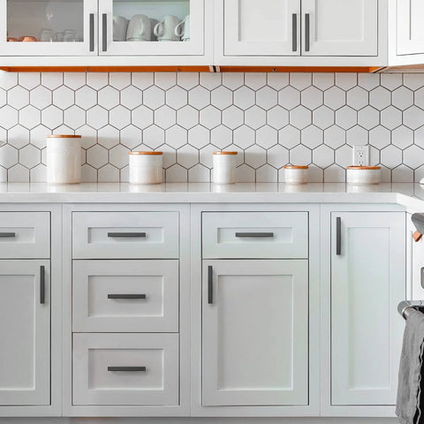 White kitchen cabinets with Black 5 Inch Square Cabinet Pulls 30 Pack Stainless Steel Kitchen Cabinet Handles Modern Hardware.