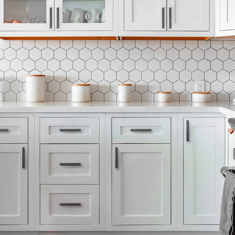 Black 5 Inch Square Cabinet Pulls Modern Kitchen Hardware Handles for Cabinets and Cupboards 35 Pack With Drill Mounting Template Easy Install Sturdy Stainless Steel on white cabinets in a kitchen setup