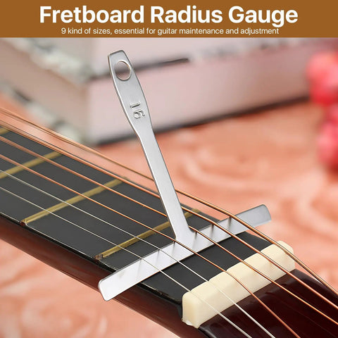 Guitar Truss Rod Wrench Set Of 23 Pieces For Gearheads With 4mm 5mm 1.2mm 1.5mm 2mm 2.5mm 3mm 3.2mm 4mm 4.7mm 5mm And 6.35mm 7mm 8mm Hex Box Wrenches Plus Fretboard Radius Gauge For Precise Neck Adjustments, 16" radius gauge on guitar strings