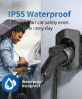 Man charging EV with Hella Secure Ev Charger Holder Wall Mount For Sae J1772 Type 1 in rain, showcasing waterproof capability.