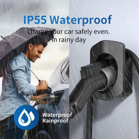 Man charging EV with Hella Secure Ev Charger Holder Wall Mount For Sae J1772 Type 1 in rain, showcasing waterproof capability.