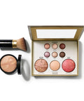 All In One Baked Starter Kit With Balance N Brighten Color Correcting Powder Foundation Best Of The Best Tuscan Dreams Full Face Palette And Retractable Angled Kabuki Brush For Flawless Day To Night Makeup open view with compact and brush