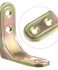 Gold-tone iron right angle bracket showing porous positioning for cabinet and shelf support, flush mount, sturdy as nails.