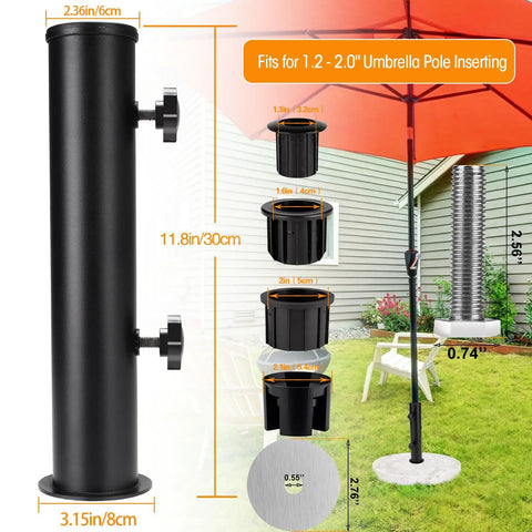 Universal Granite Umbrella Tube Base For Outdoor Use Sturdy Stone Stand With dimensions and components displayed.