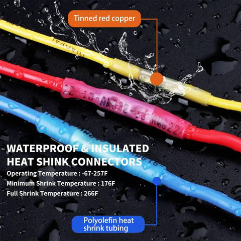 Blue Heat Shrink Butt Connectors 200 Pcs For 16 To 14 AWG Wire Waterproof Electrical Crimp Terminal Splices, wet effect