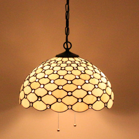 Tiffany Pendant Light Fixture Cream Amber Bead Stained Glass 16 Inch Wide Hanging Lamp With Antique Bronze Finish, lit