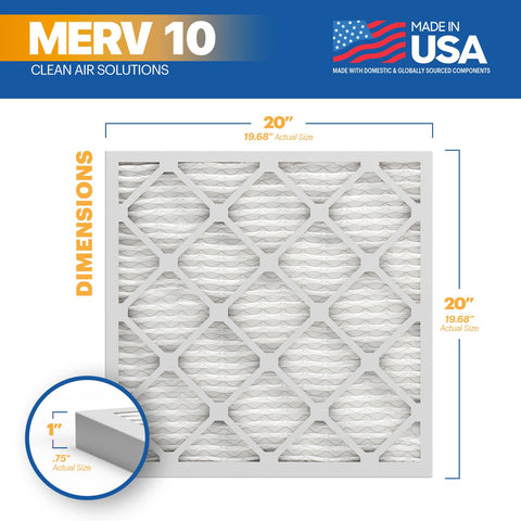 Image showing dimensions for MERV 10 20x20x1 Pleated Air Filter Six Pack For AC Furnace And HVAC Systems Made In USA.