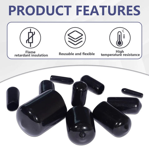 Round Rubber End Cap Kit, 13 Sizes From 2mm To 20mm, Vinyl Rubber Screw Thread Protectors in black, illustrated product features