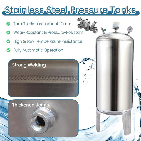 Heavy Duty 300L Stainless Steel Automatic Pressure Tank Kit For Well Pumps, featuring sturdy welds and thickened joints.