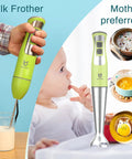 5 In 1 All In One Immersion Hand Blender With 8 Speeds And 300W Power in green, showing milk frother in use and baby eating.