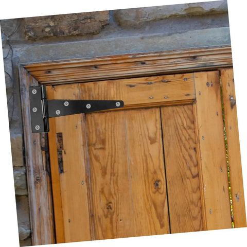 Wooden door with Eight Pack 5 Inch Galvanized Black Tee Hinges for Cabinets and Shed Doors, Heavy Duty Metal Hinges, easy install.