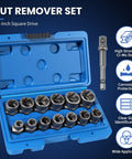 14 Piece Bolt Extractor Kit For Stripped Damaged Rusted And Frozen Nuts And Bolts Three Eighths Inch Drive Socket Set With SAE And Metric Sizes Lug Nut Remover Ready To Tackle Stubborn Fasteners in blue case