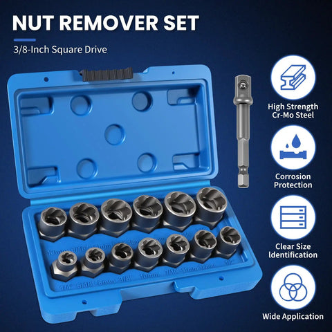 14 Piece Bolt Extractor Kit For Stripped Damaged Rusted And Frozen Nuts And Bolts Three Eighths Inch Drive Socket Set With SAE And Metric Sizes Lug Nut Remover Ready To Tackle Stubborn Fasteners in blue case