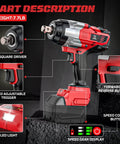 Beast Of A Cordless Three Quarters Inch Impact Wrench With Brushless Motor Up To 1850 Ft Lbs (2500 Nm) Of Torque Heavy Duty Automotive Tool With Four Sockets 18V Battery Compatible (Battery Not Included) Industrial Grade showing design features and part descriptions.