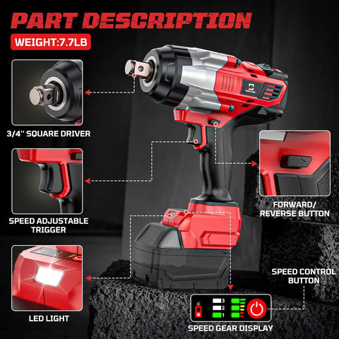 Beast Of A Cordless Three Quarters Inch Impact Wrench With Brushless Motor Up To 1850 Ft Lbs (2500 Nm) Of Torque Heavy Duty Automotive Tool With Four Sockets 18V Battery Compatible (Battery Not Included) Industrial Grade showing design features and part descriptions.
