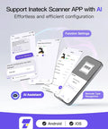 Smartphone apps demonstrating support for Inateck Scanner with AI for configuration, featuring barcode type recognition and settings.