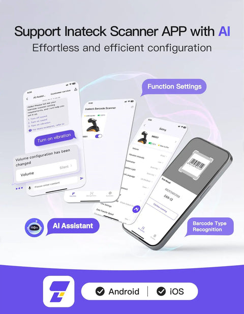 Smartphone apps demonstrating support for Inateck Scanner with AI for configuration, featuring barcode type recognition and settings.