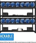 Heavy Duty 8 GPU Mining Rig Case Frame With Premium Aluminum Build Stackable Crypto Mining Enclosure for eight fans and motherboard.