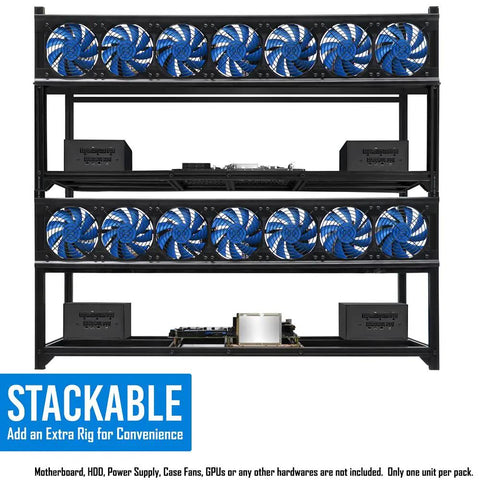 Heavy Duty 8 GPU Mining Rig Case Frame With Premium Aluminum Build Stackable Crypto Mining Enclosure for eight fans and motherboard.