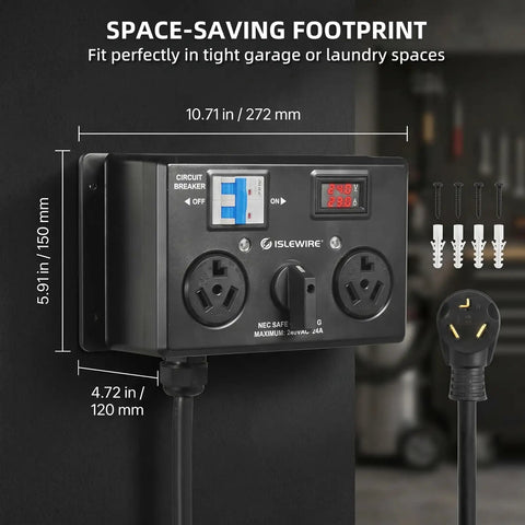 Nema 10-30 EV Charging Switch, Manual Splitter For Dryer Outlets, 240V 24A Max Draw, with circuit breaker and LCD monitor.