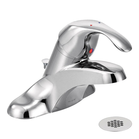 MBition 4 Inch Centerset Bathroom Faucet With Grid Strainer Chrome Finish, 1.5 GPM Flow displayed against white background