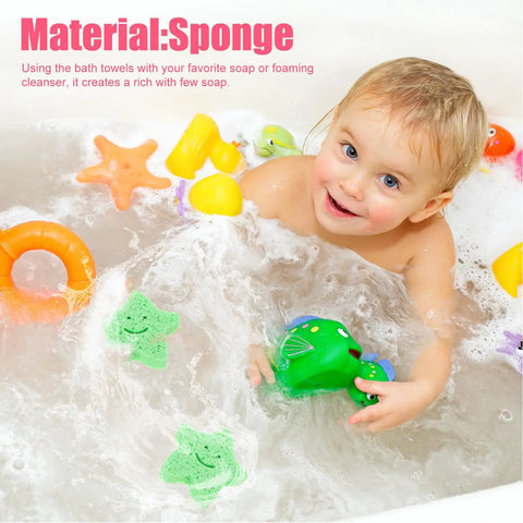 Child playing with star shaped body scrubber sponges set with quick drying wear resistant material for deep cleaning bathing home and travel use top notch for hotel stays and camping trips