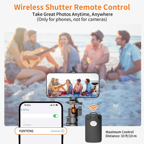 75 Inch Extendable Camera Tripod With Remote Shutter And 360 Degree Ball Head on beach with group photo on phone display