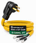 Three Foot 6/3 Awg Nema 6-50P Pigtail Power Cord Featuring Pre Crimped Copper Terminal Rings For Welder Boxes And Heavy Duty Shop Appliances Zero Fuss Mounting And Built Like A Tank At 50 Amps with yellow insulation and gold prongs.
