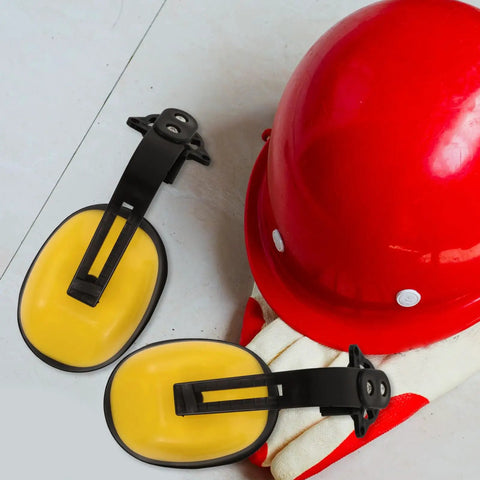 Heavy Duty Soundproof Ear Muffs For Hard Hat Noise Reduction No Hassle Adjustable Industrial Hearing Protection With Rugged Yellow Safety Cap Design For Rough Trade Job Sites, shown with a red hard hat and gloves.