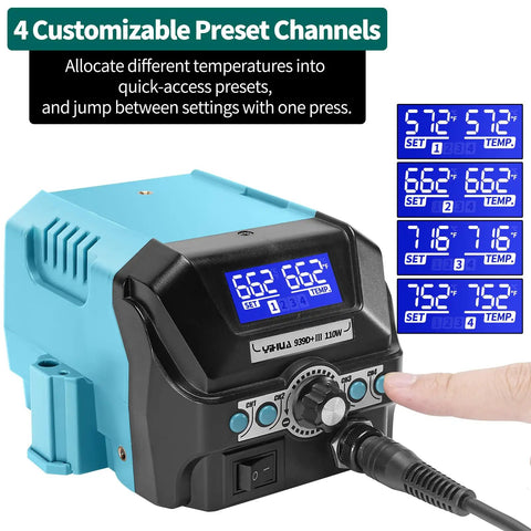 Pro Grade 110W Digital Soldering Station Kit With LCD Display And Sleep Mode, Four Memory Channels, Digital Calibration, Helping Hands, Magnifier, Solder Wire, And Three Replacement Tips
