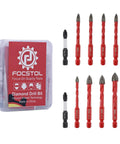 Diamond Drill Bits Set 10pc For Wood Plastic Masonry Tile Glass Ceramic From FOCSTOL Includes 3/16 1/4 5/16 3/8 Inch Bits And 1/4 Inch Quick Change Hex Shank With 2 PH2 Bits Wet Or Dry Drilling with packaging.