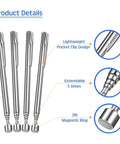 12 Piece Telescoping Magnet Pickup Tools Set With Pocket Clip, showing extendable design, pocket clip, and 2lb magnetic ring.