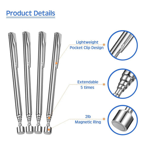 12 Piece Telescoping Magnet Pickup Tools Set With Pocket Clip, showing extendable design, pocket clip, and 2lb magnetic ring.