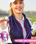 Woman holding golf ball and 9 Piece Golf Gift Cosmetic Bags Set For Women with colorful makeup pouch on a golf course.