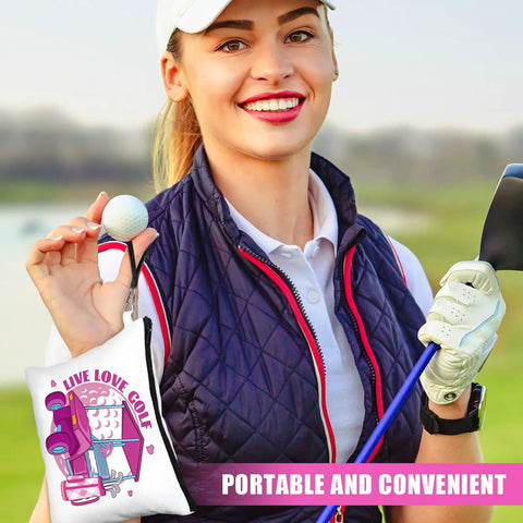 Woman holding golf ball and 9 Piece Golf Gift Cosmetic Bags Set For Women with colorful makeup pouch on a golf course.