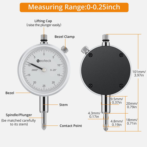 Neoteck dial bore gauge, 0.7–6 in range with 6 in depth; front and rear views show dial, bezel and spindle.