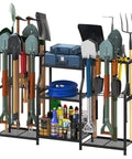 Three Tier Garden Tool Organizer Rack Heavy Duty Utility Stand With Shelves Slots Baskets And Hooks in garage.