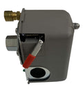 Side view of 135 To 175 PSI Air Compressor Pressure Switch with Pumptrol Unloader Valve and On Off Switch, heavy duty grey.