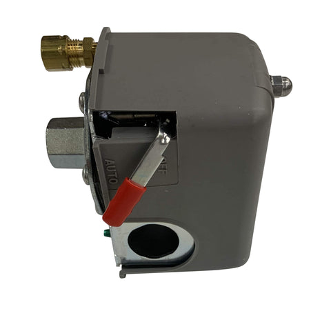 Side view of 135 To 175 PSI Air Compressor Pressure Switch with Pumptrol Unloader Valve and On Off Switch, heavy duty grey.