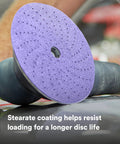 Person using Pro Grade 6 Inch 800 Plus Grit Dust Extracting Sanding Discs Pack Of 50 With Multi Hole Pattern for automotive sanding