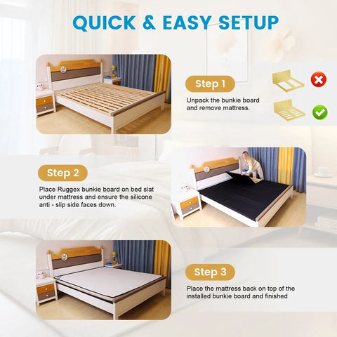 Quick and easy setup guide for Heavy Duty Queen Bunkie Board 60x80 Low Profile Mattress Foundation with anti-slip design.